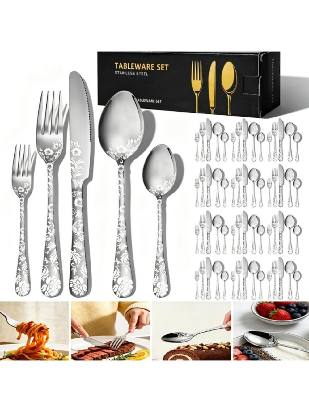 60-Piece Vintage Floral Silverware Set for 12 - Stainless Steel Cutlery